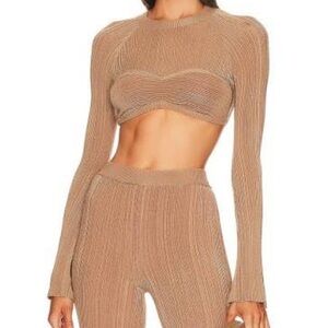 Michael Costello Tan Ribbed Long Sleeve Crop Top